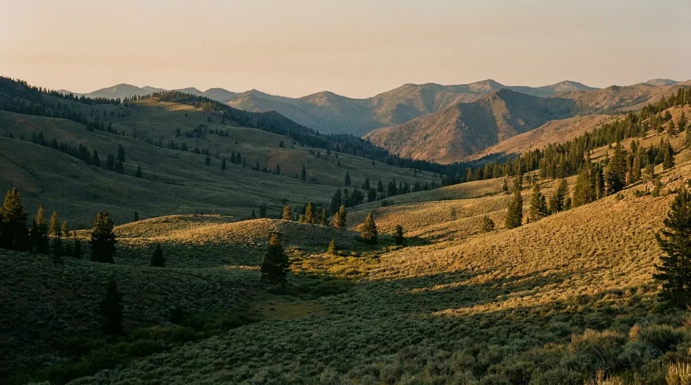 A green mountain valley in warm late afternoon light