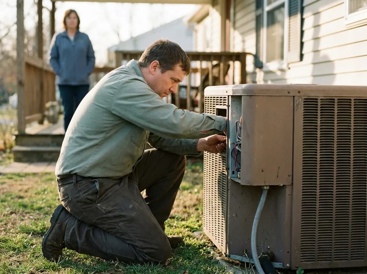 An HVAC technician working on an outdoor unit beside a suburban house