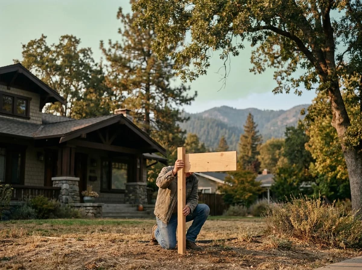 An agent placing a sign in the front yard of a craftsman home at golden hour