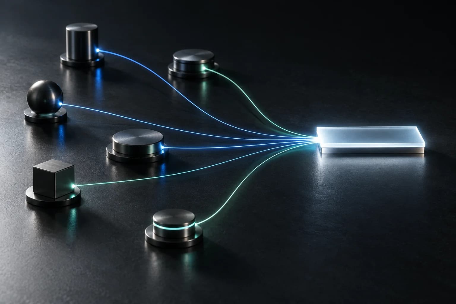 Connected reference nodes converging into a single illuminated answer plane