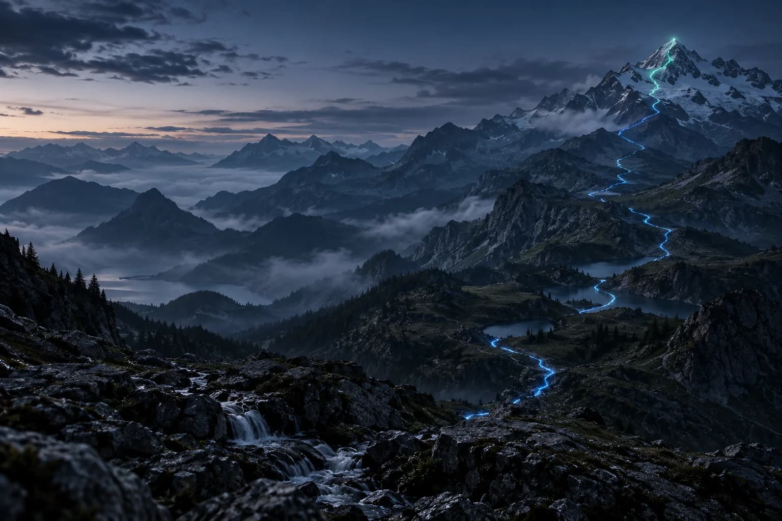 A fine illuminated path ascending through layered mountain terrain